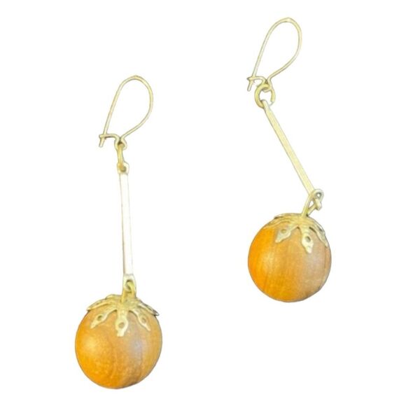 Vintage Beaded Wood Drop Earrings Silver Tone Metal Dangle French Wire - Picture 2 of 5